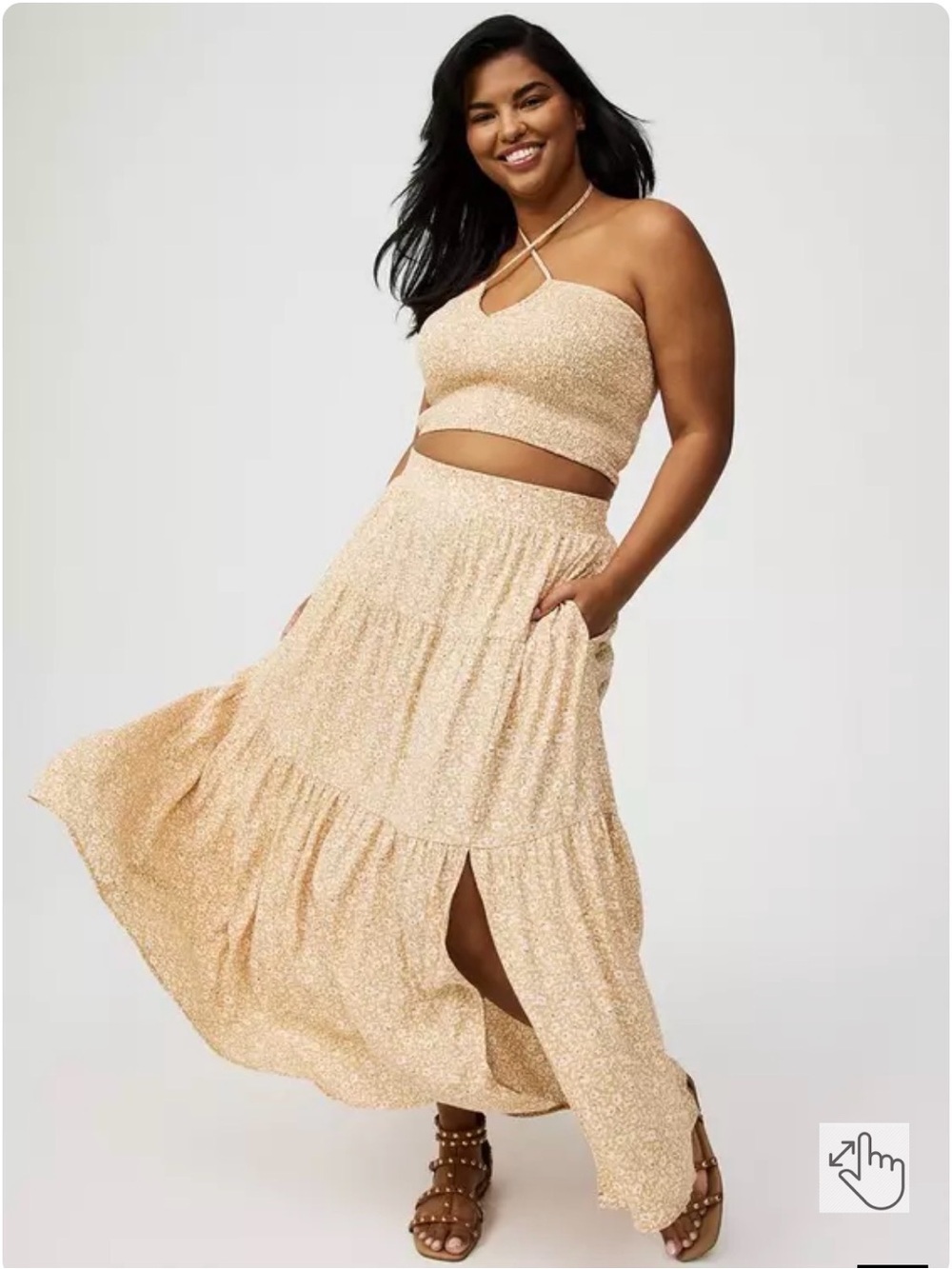 torrid Cream Tiered Floral 2 Piece Set - Crop Top and Maxi Skirt with Side Slit